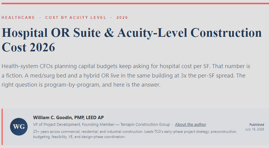 Hospital operating room suite construction cost by acuity level 2026
