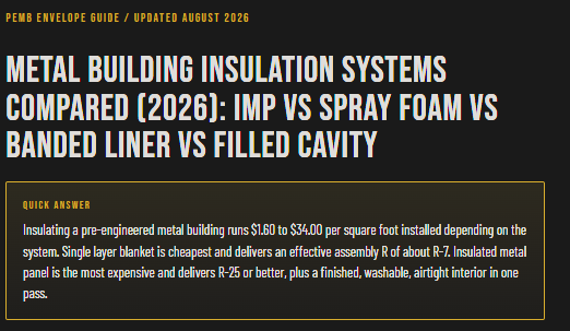 Metal Building Insulation Systems Compared (2026): IMP vs Spray Foam vs Banded Liner vs Filled Cavity