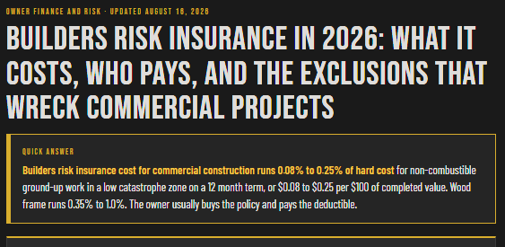 Builders Risk Insurance in 2026: What It Costs, Who Pays, and the Exclusions That Wreck Commercial Projects