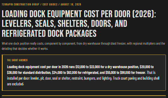 Loading Dock Equipment Cost Per Door (2026): Levelers, Seals, Shelters, Doors, and Refrigerated Dock Packages