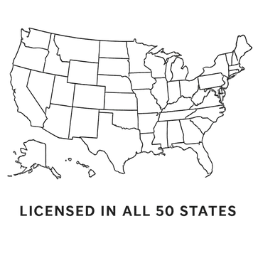 Map of the United States with all states outlined, captioned 'Licensed in All 50 States'.