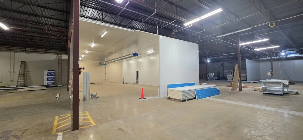 Insulated metal panel walls and ceiling in progress at a Minneapolis indoor cannabis cultivation facility