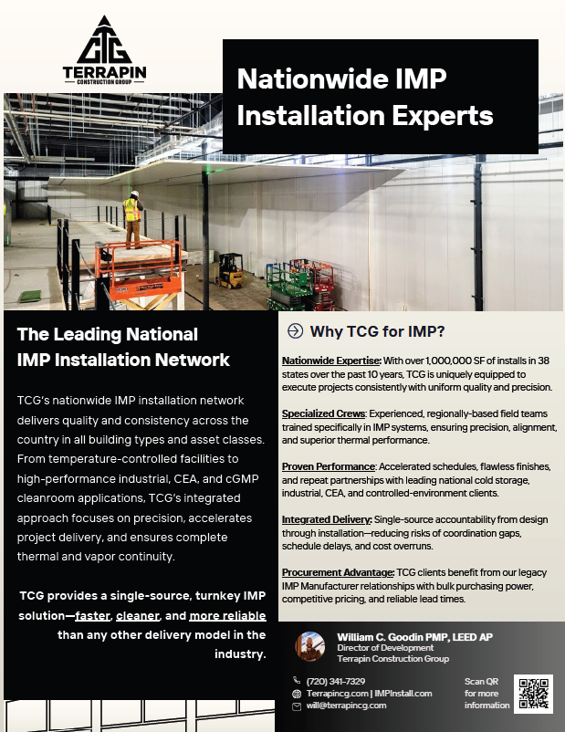 A construction site with an white interior wall, a worker in safety gear operating a scissor lift, and various construction equipment. The top left displays a logo for Terrapin Construction Group, and the right contains text about nationwide IMP installation experts.