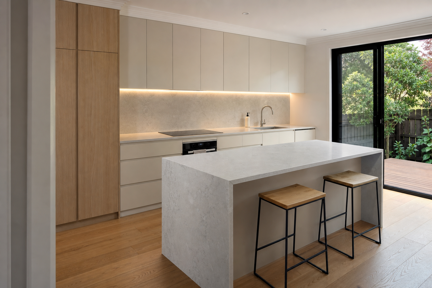 Completed light-toned kitchen renovation by Bluestone Build Co.