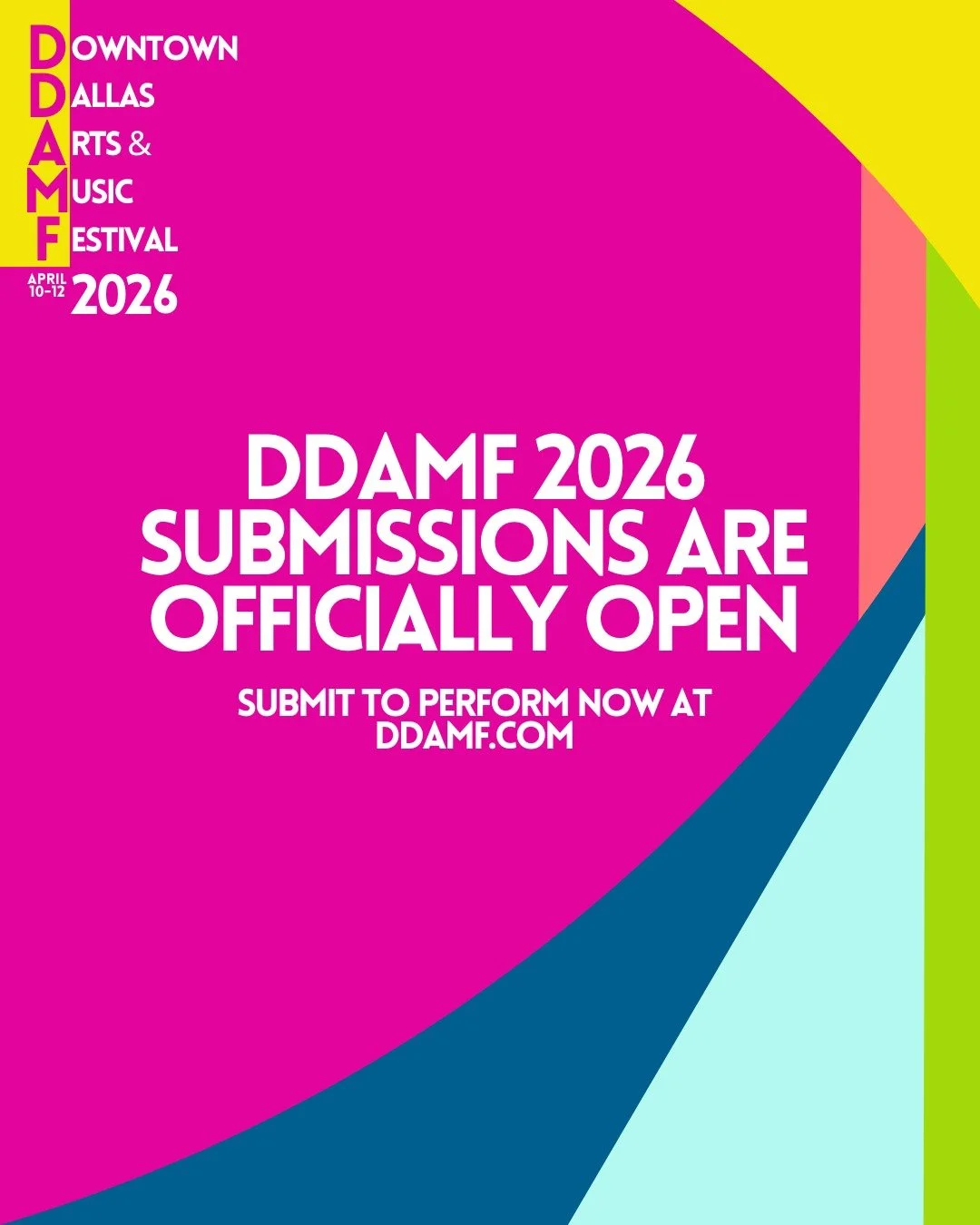 Music Artist submissions are officially OPEN for DDAMF 2026.

The Downtown Dallas Arts &amp; Music Festival returns April 10&ndash;12 at Main Street Garden Park &mdash; and we&rsquo;re inviting artists to apply now.

This is a free, community-centere