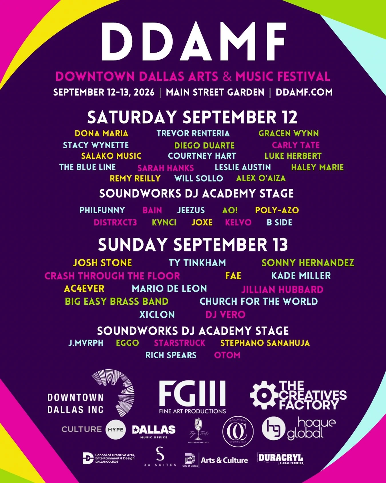 The wait is over. The full 2026
DDAMF lineup is here! 

Two days of live music, local talent, and artists from across the Dallas creative community are taking over Main Street Garden September 12-13.
save the lineup, send it to your testival crew, an