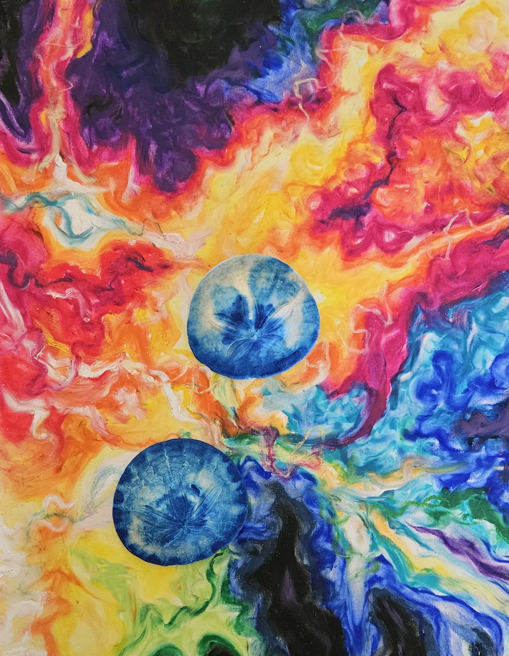 Gaia's Revival 11x14 Oil Pastel, sand dollars, and water from the Pacific Ocean