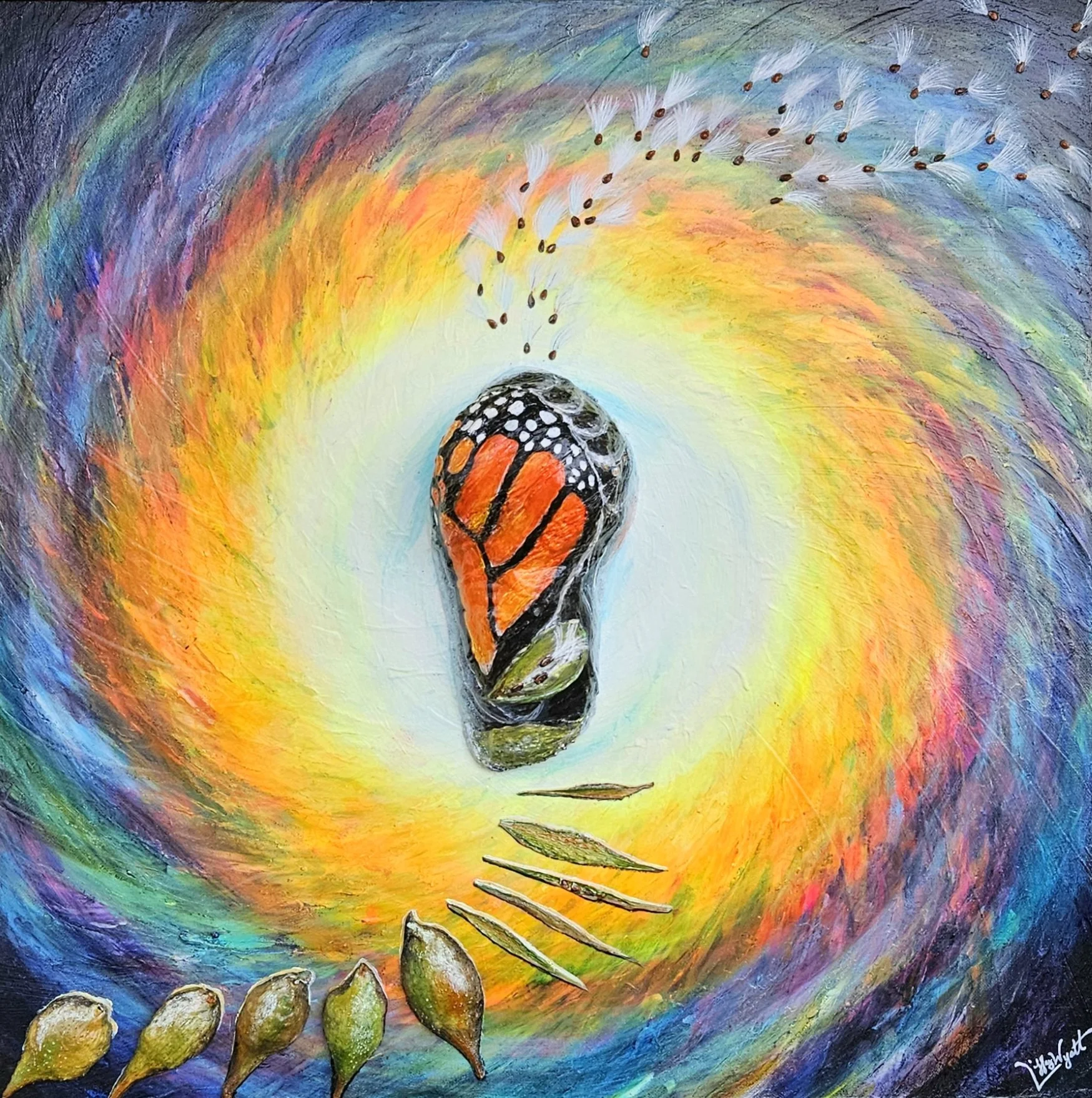 Seeds of Life 24x24 Mixed Media - features real milkweed seeds/pods and water from Crooked Creek