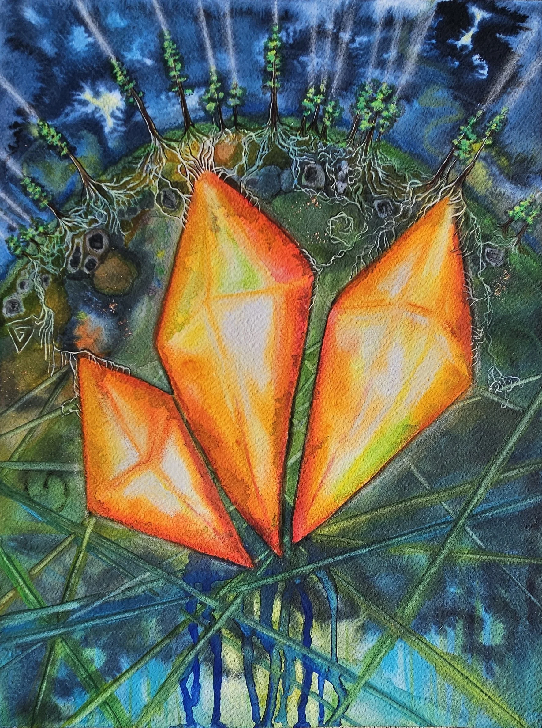 Earth Energy 12x16 Watercolor & Pastel - Water from Blue Heron Spring and Bear Creek