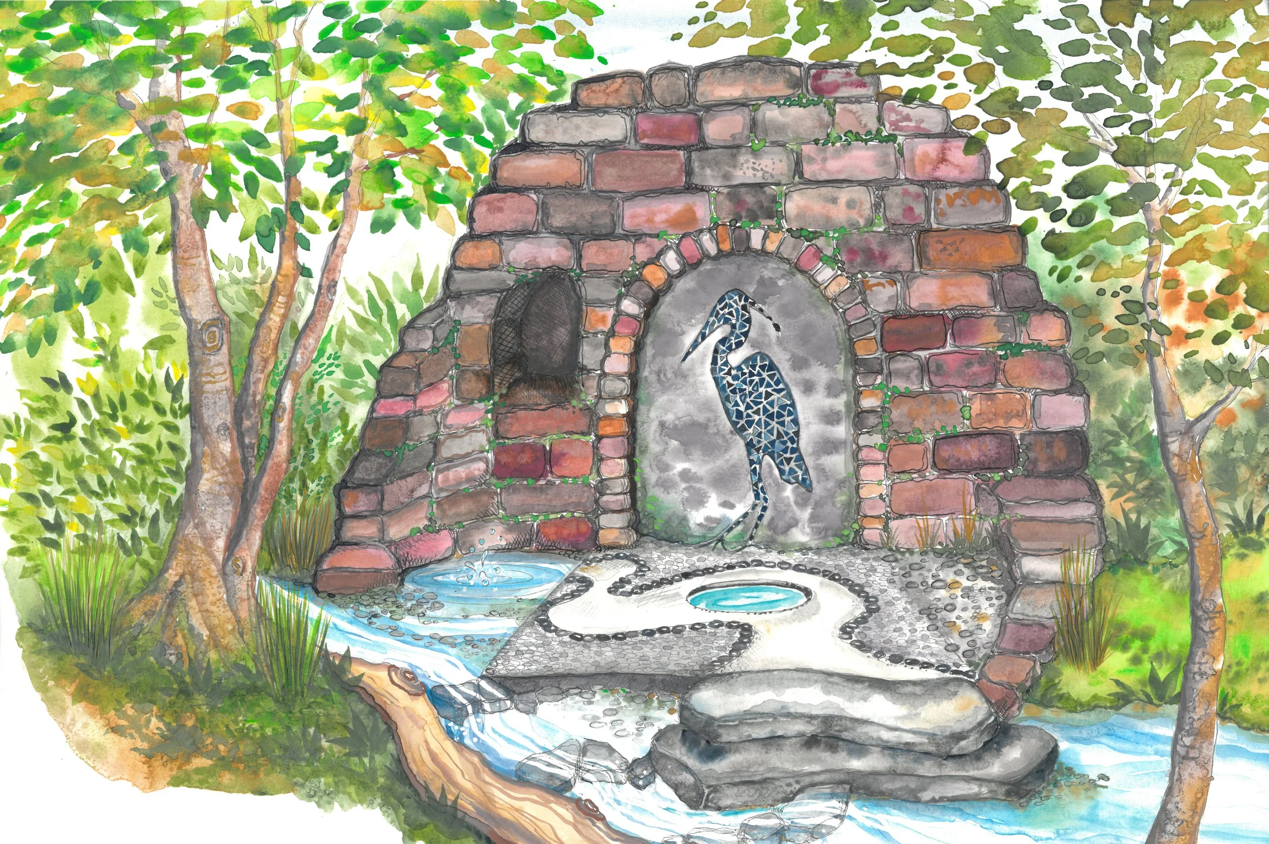 Blue Heron Spring Reimagined - 11x17 Watercolor and pen, with water from Blue Heron Spring in Phoenix, OR