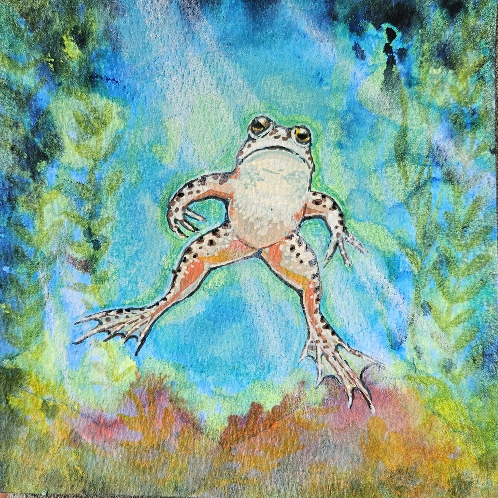 Oregon Spotted Frog 6x6 Mixed media, with water from Bear Creek
