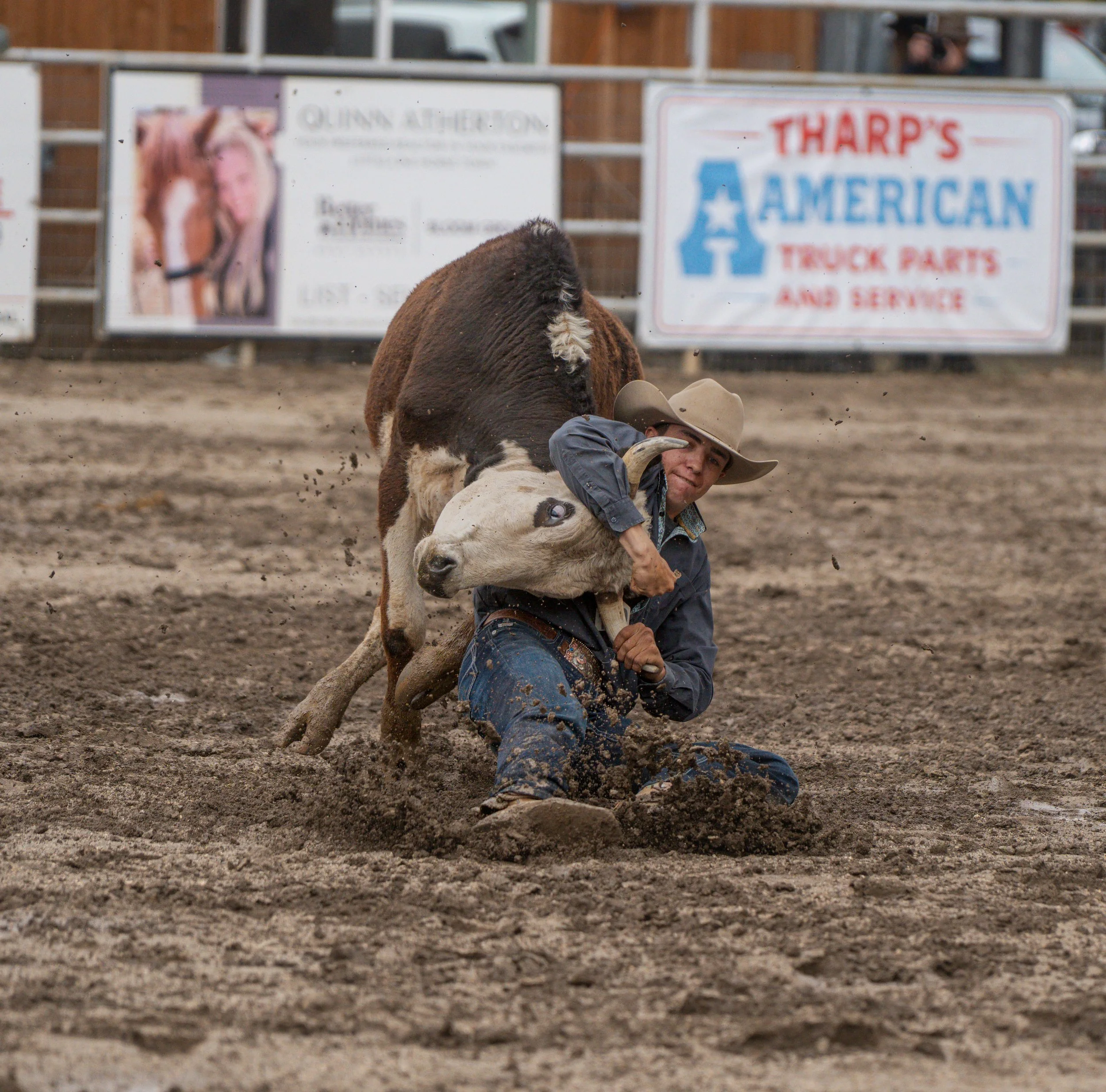 A rodeo scene showing a cowboy in a hat and plaid shirt riding a calf on dirt ground, with signs for an auction and American truck parts in the background.