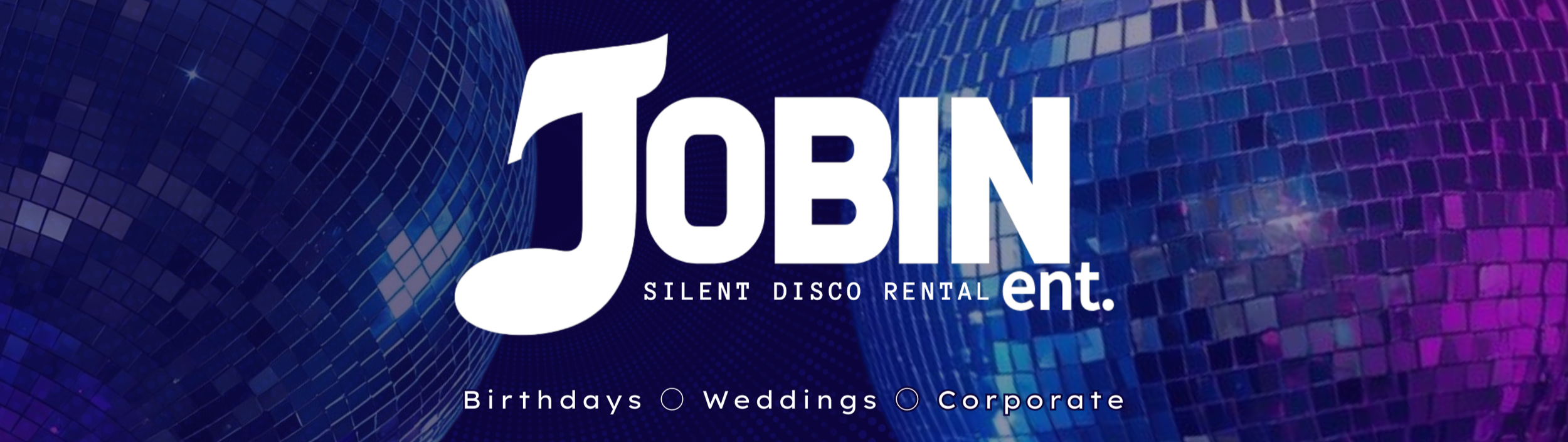 Jobin Ent. silent disco rental logo with disco ball background — Birthdays, Weddings, Corporate events in San Diego