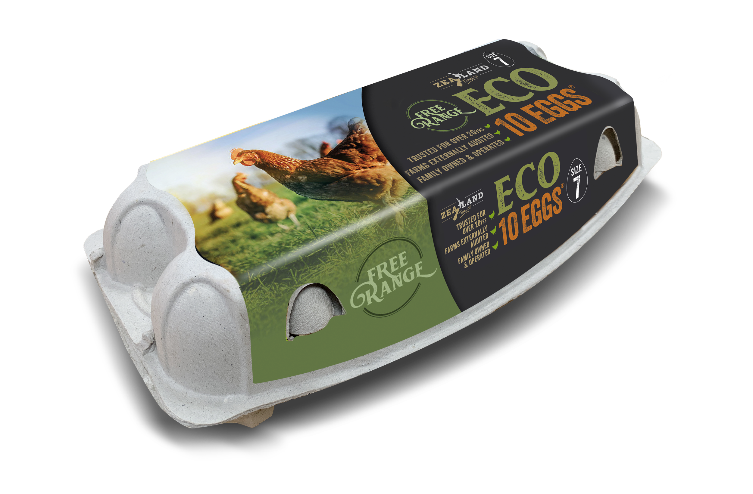Isolated Green and black Free-range Eco egg packaging design featuring photography of free-range hens in the outdoors on the front, with the product information inside a black circular graphic next to the photo