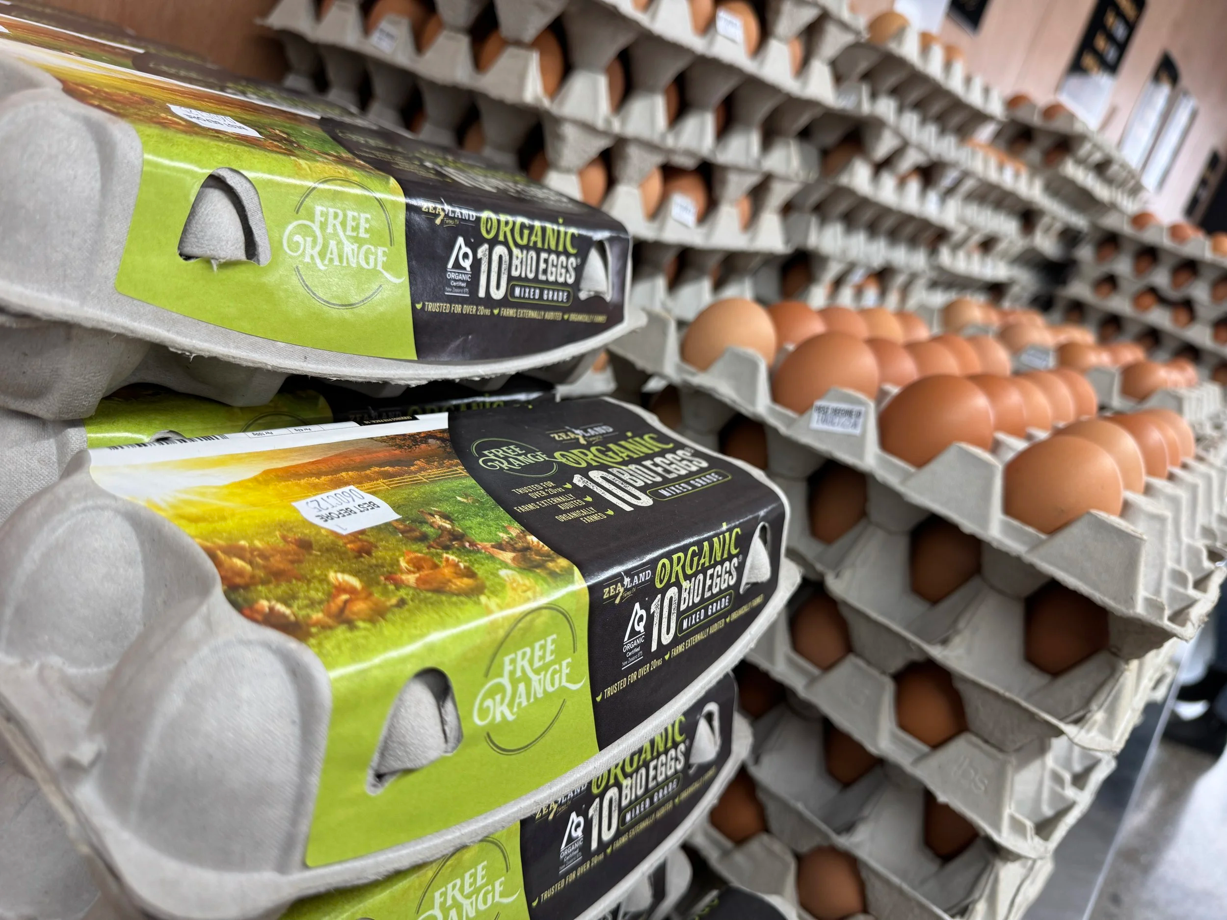 Close-up of organic eggs in a supermarket