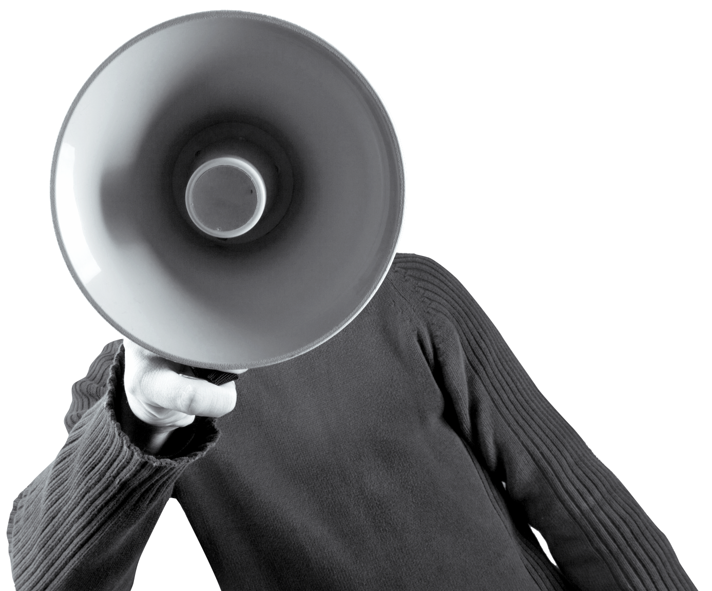 Person in dark sweater holding a megaphone in front of their face, with no visible facial features.
