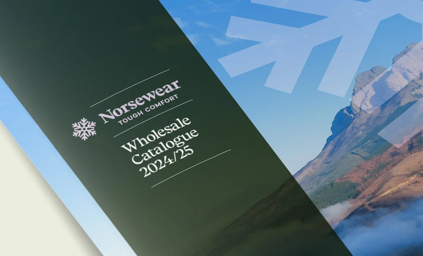 A catalog cover for Norsewear featuring a mountain landscape with clouds, titled 'Wholesale Catalogue 2024/25' and the Norsewear logo with a snowflake, slogan 'Tough Comfort'.