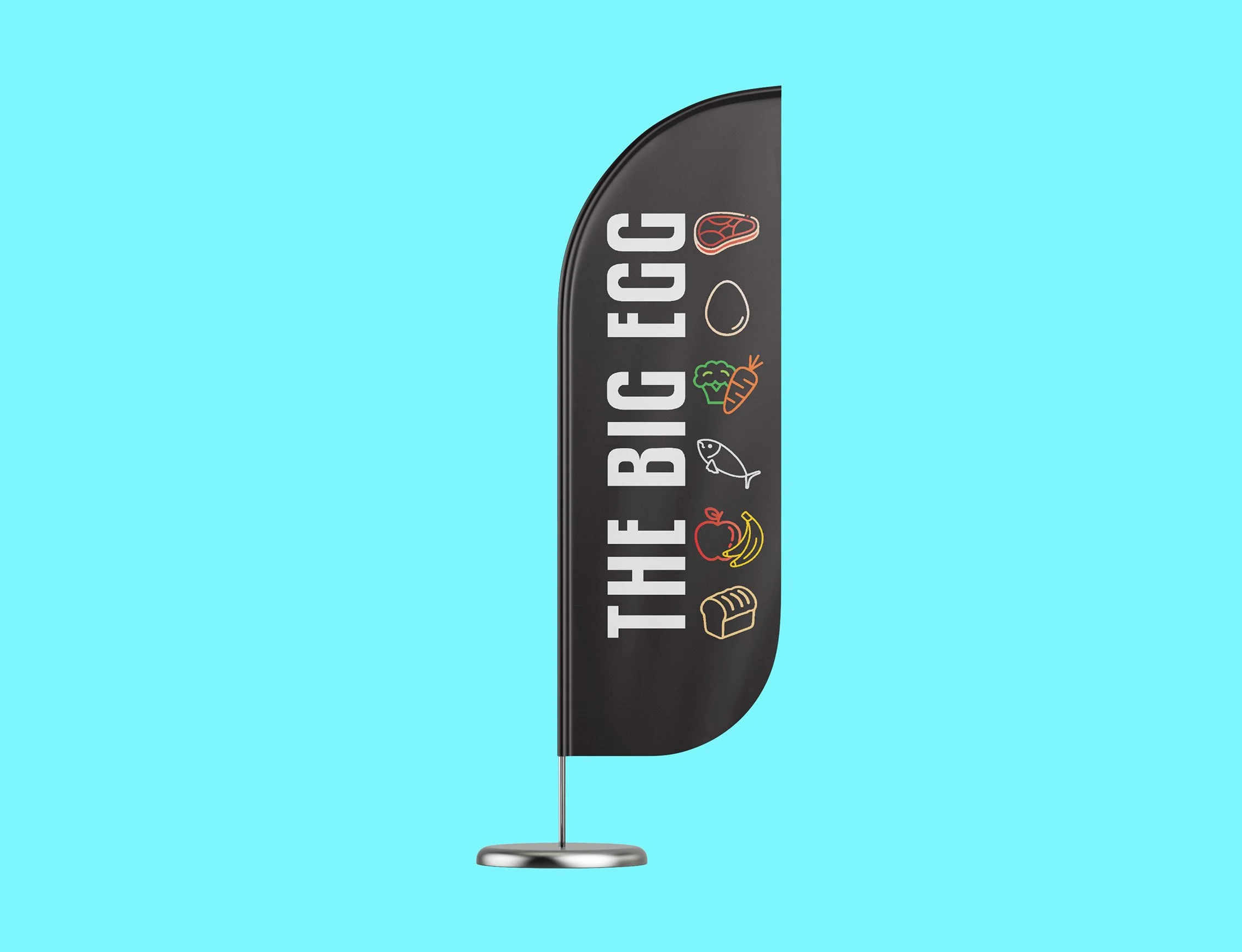 A windblade banner featuring the Big Egg Shop logo and colourful food icons on a blue background