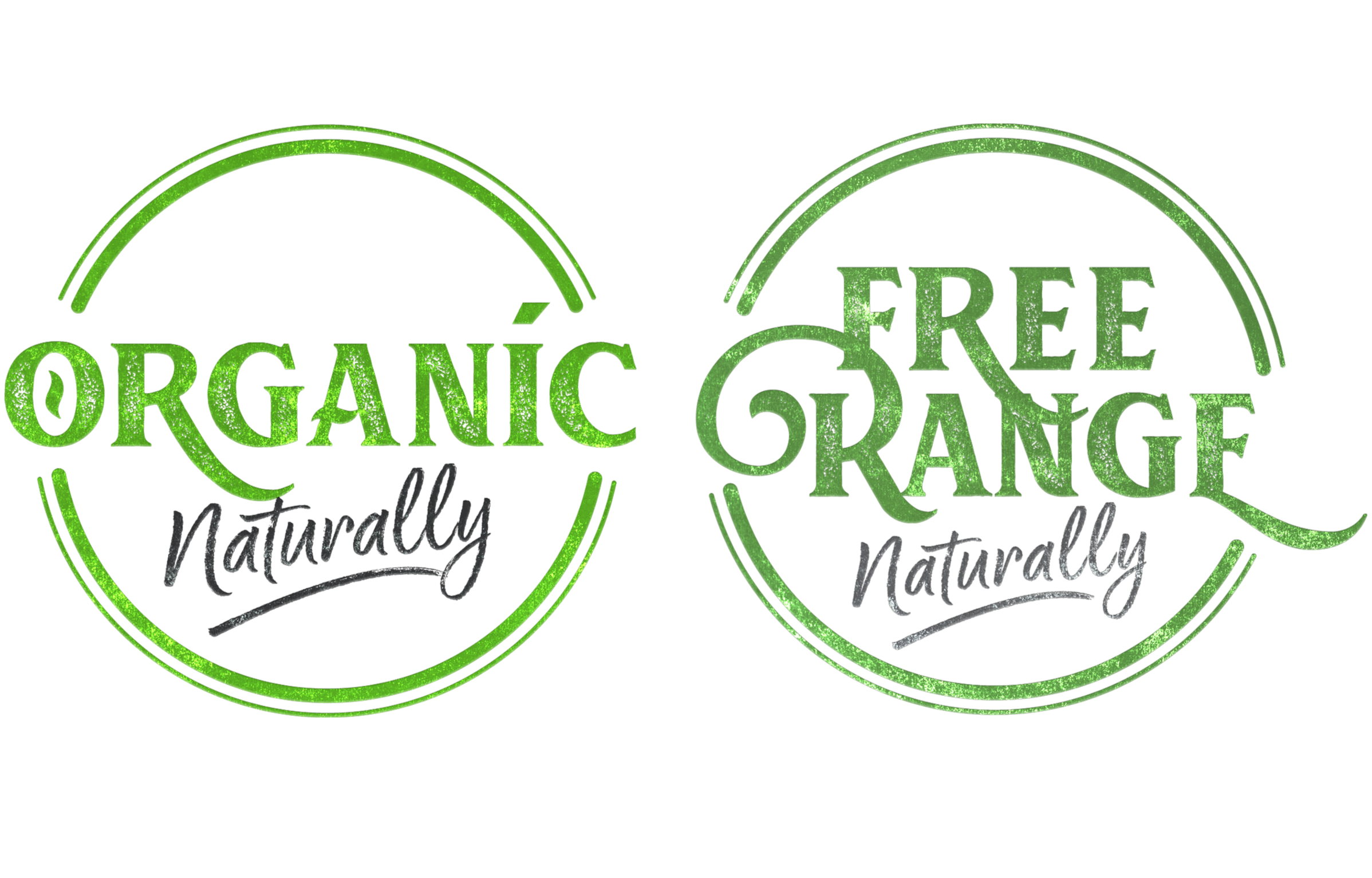 An Organic Naturally logo and a Free-Range Naturally logo, green in a Woodcut, slightly weathered style style