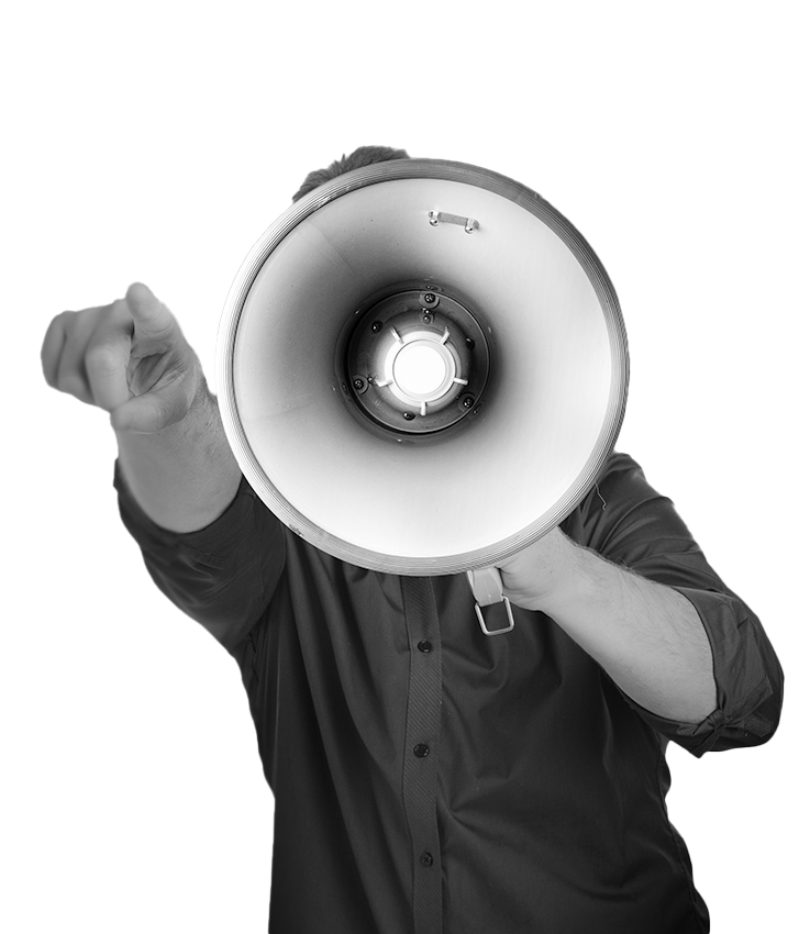 Person holding a megaphone, pointing forward