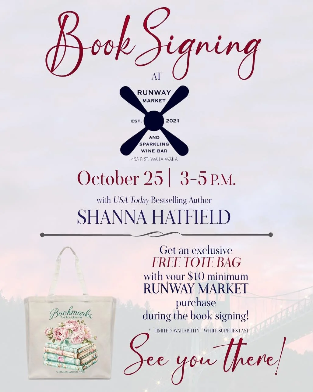 📚✨ Mark your calendars! ✨📚
We&rsquo;re so excited to welcome USA Today Bestselling Author Shanna Hatfield for a special book signing at Runway Market on Friday, October 25 from 3&ndash;5 PM.

🍷 Enjoy your favorite sparkling pours while you meet th