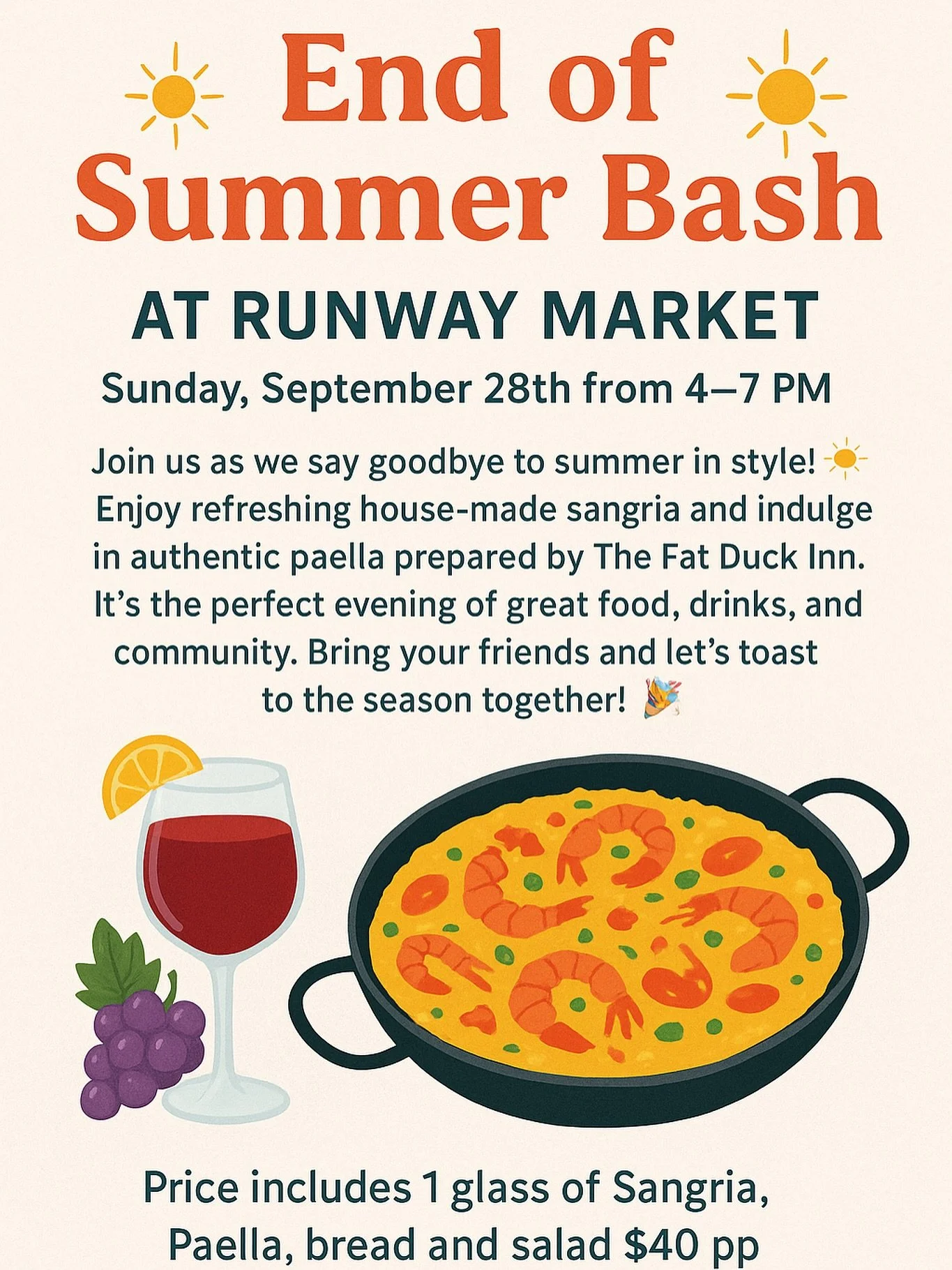✨ Don&rsquo;t miss it! ✨ Our End of Summer Bash is almost here 🍷☀️ Join us at Runway Market on Sunday, Sept 28th from 4&ndash;7 PM for house-made sangria, authentic paella from The Fat Duck Inn, and an evening of great food, drinks &amp; community. 