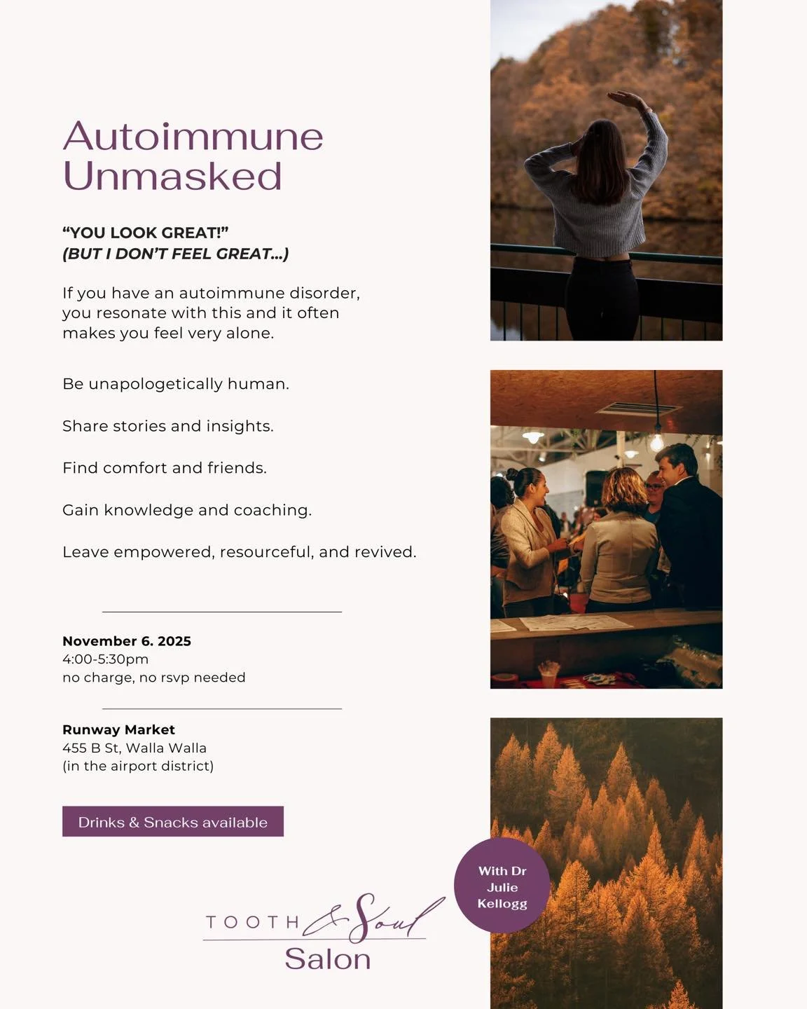 ✨ You&rsquo;re not alone &mdash; even if it&rsquo;s felt that way.
Join us this Thursday, November 6th from 4&ndash;5:30pm at Runway Market for Autoimmune Unmasked with Dr. Julie Kellogg of Tooth &amp; Soul Salon.
An open, heartfelt conversation abou