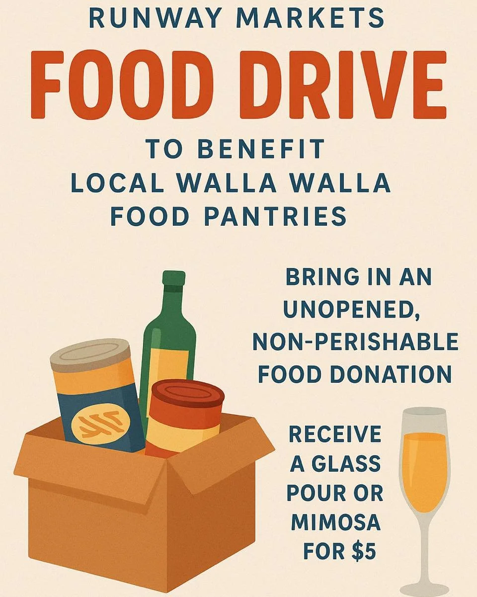 ✨ Giving back never tasted so good ✨
Join us in supporting our local Walla Walla food pantries this season.
Bring in an unopened, non-perishable food donation and enjoy a glass pour or mimosa for just $5.

Let&rsquo;s fill plates and hearts together 
