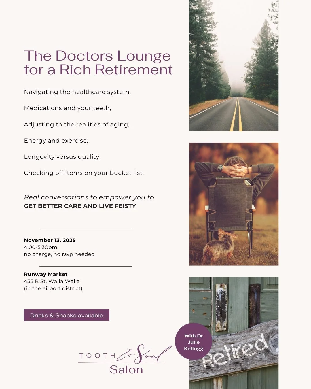 Sip, snack, and settle in for The Doctors Lounge: For a Rich Retirement &mdash; a relaxed evening of real talk with Dr. Julie Kellogg about aging well, staying active, and keeping life fun.
📅 November 13 | 4:00&ndash;5:30 PM
📍 Runway Market | No RS