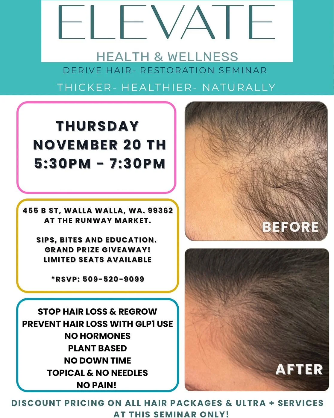 Happening tonight! ✨
Join us at Runway Market from 5:30&ndash;7:30 PM for Elevate Health &amp; Wellness&rsquo; Derive Hair Restoration Seminar.
Learn how to stop hair loss naturally, enjoy sips &amp; bites, and enter our grand prize giveaway!