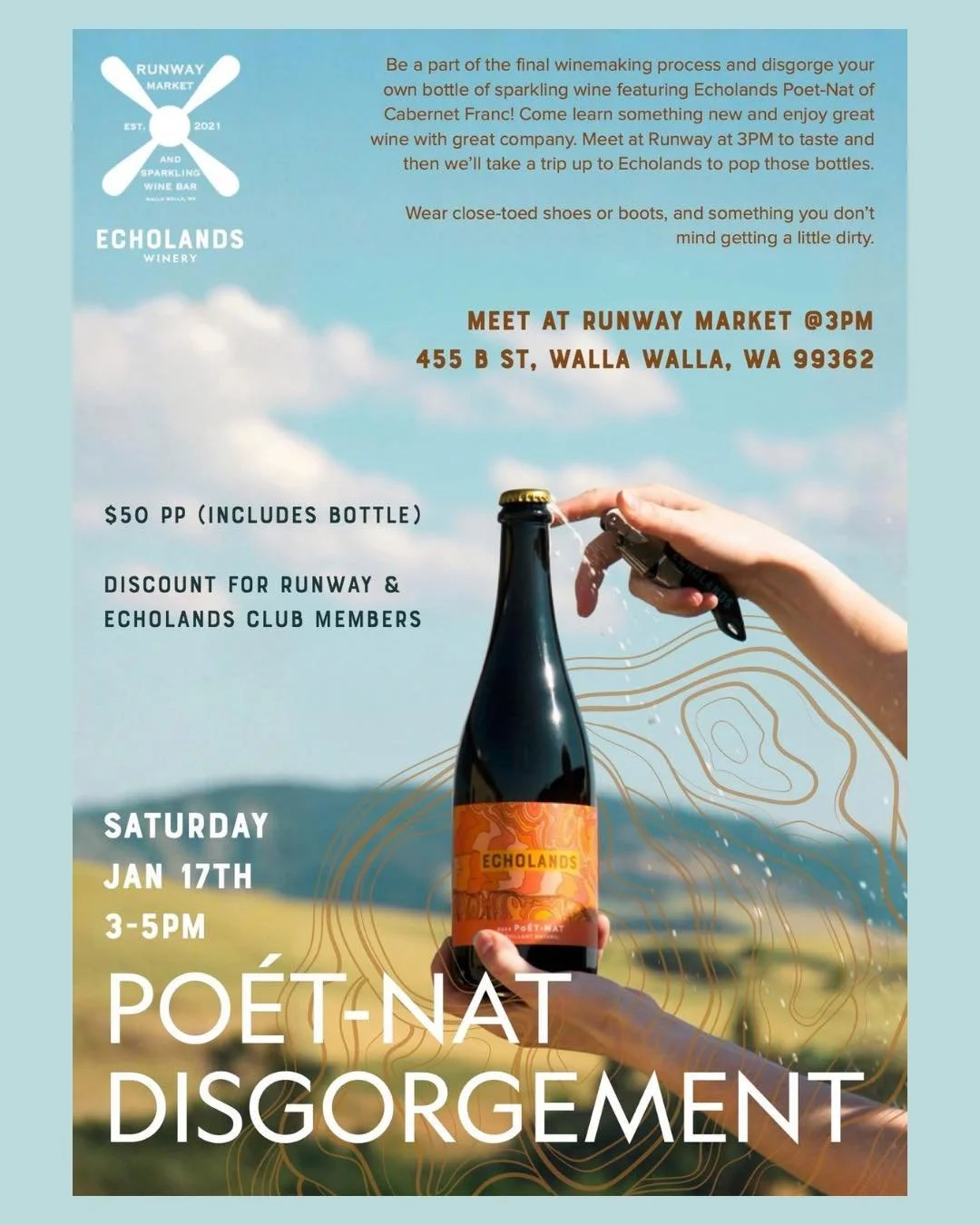 Pop bottles the right way 🥂
Join us for a one-of-a-kind Po&eacute;t-Nat Disgorgement Experience with our friends at Echolands Winery. Be part of the final winemaking process, disgorge your own bottle of sparkling Cabernet Franc, and enjoy great wine