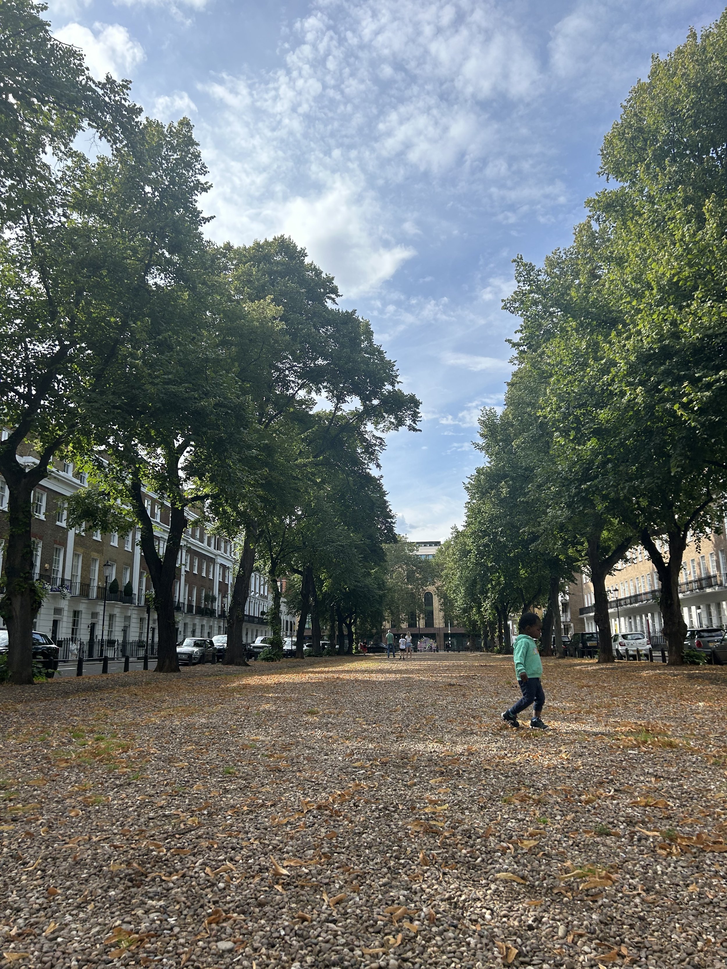 Child walking on a gravel path lined with trees in a park with houses in the background.