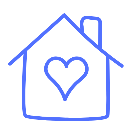 blue outline of a house with a heart inside