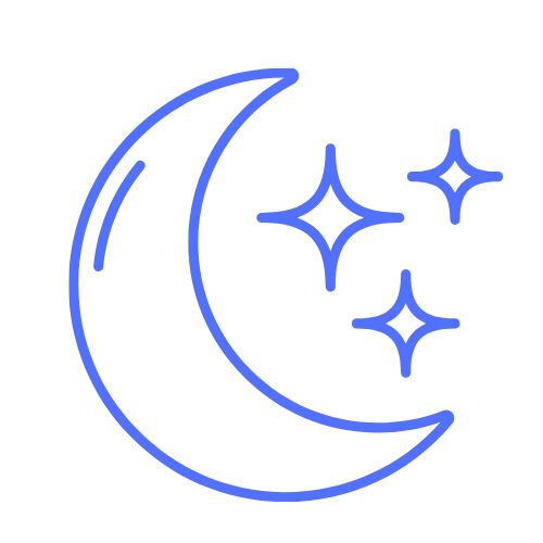 Crescent moon with stars icon, blue outline.
