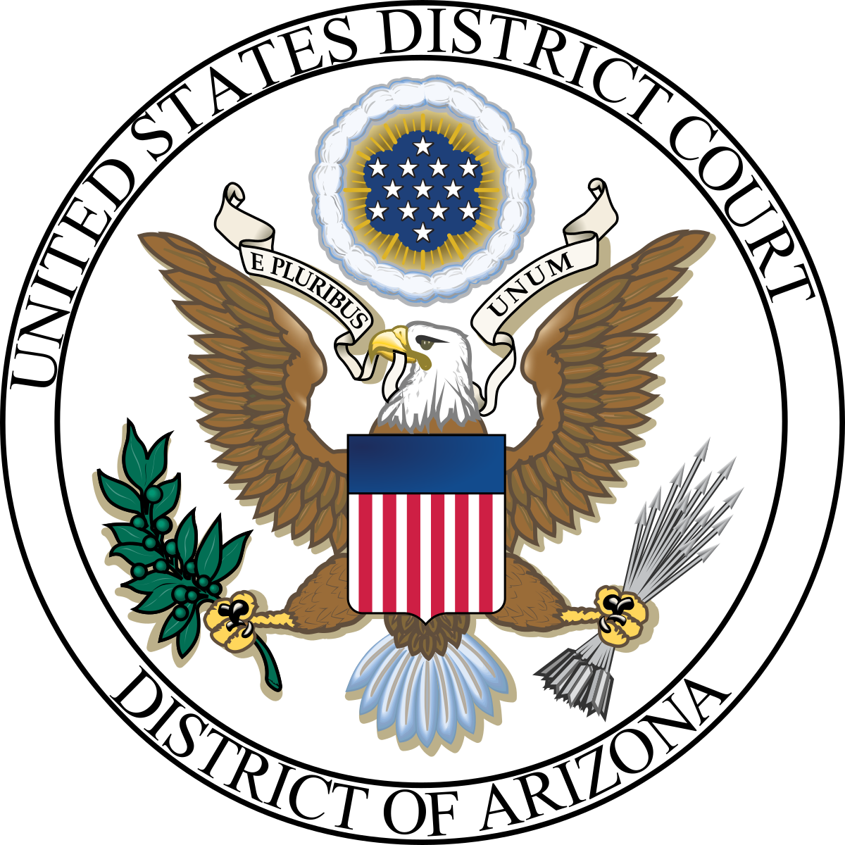 Seal of the United States featuring a bald eagle with wings spread, holding an olive branch in one talon and a bundle of arrows in the other, with a shield on its chest and a banner reading "E Pluribus Unum" in its beak, topped by a circle of stars.