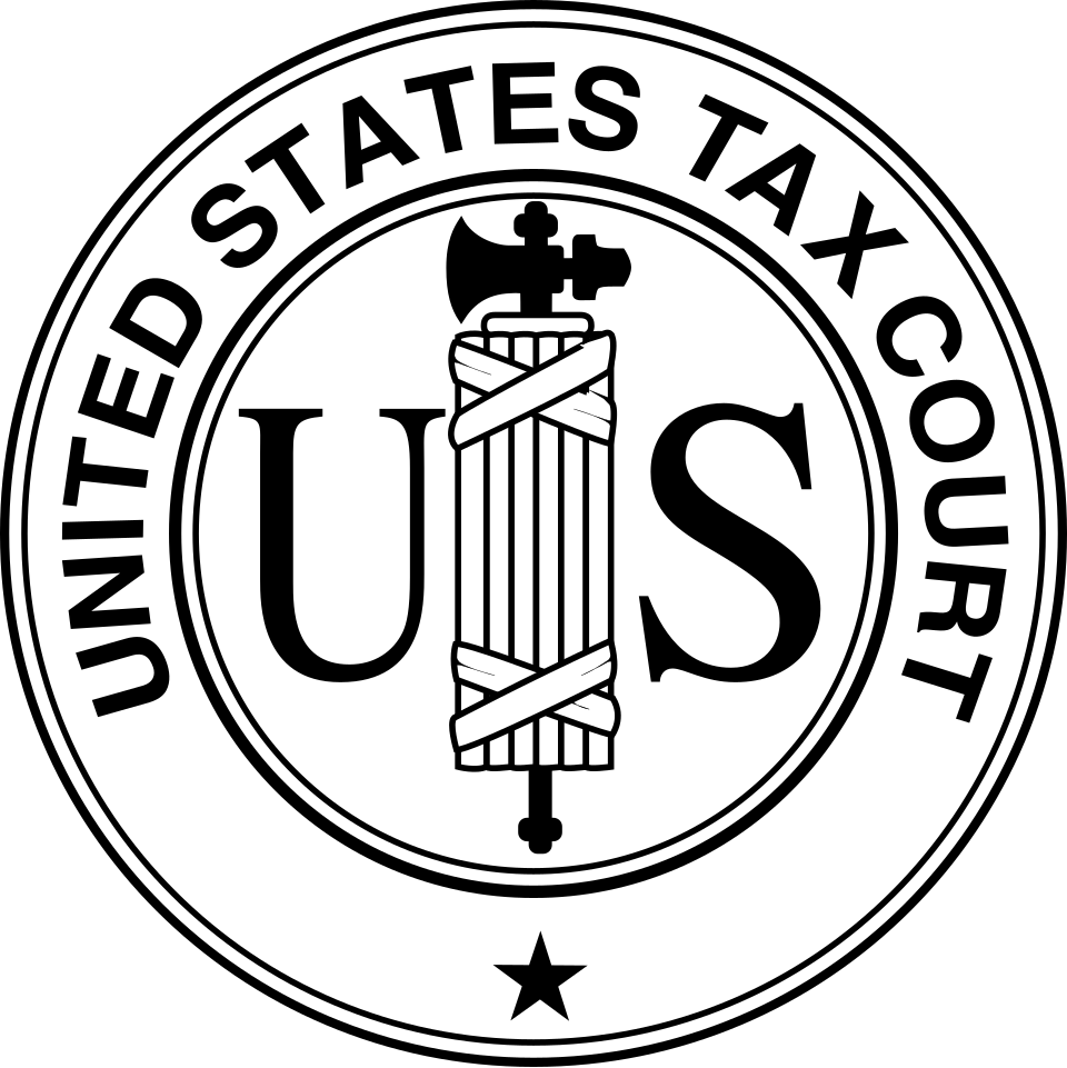 Seal of the United States Tax Court featuring a pillar wrapped in a rope, with a gavel and sword above, and the words "U.S. United States Tax Court" encircling it.
