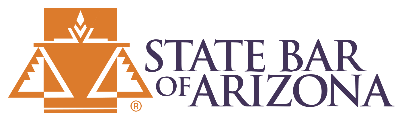 Logo of the State Bar of Arizona featuring a stylized orange scales of justice and purple text.
