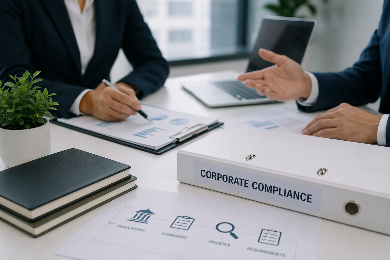 Business professionals in suits discussing corporate compliance, with documents, a computer, a binder labeled 'Corporate Compliance,' and a plant on the desk.