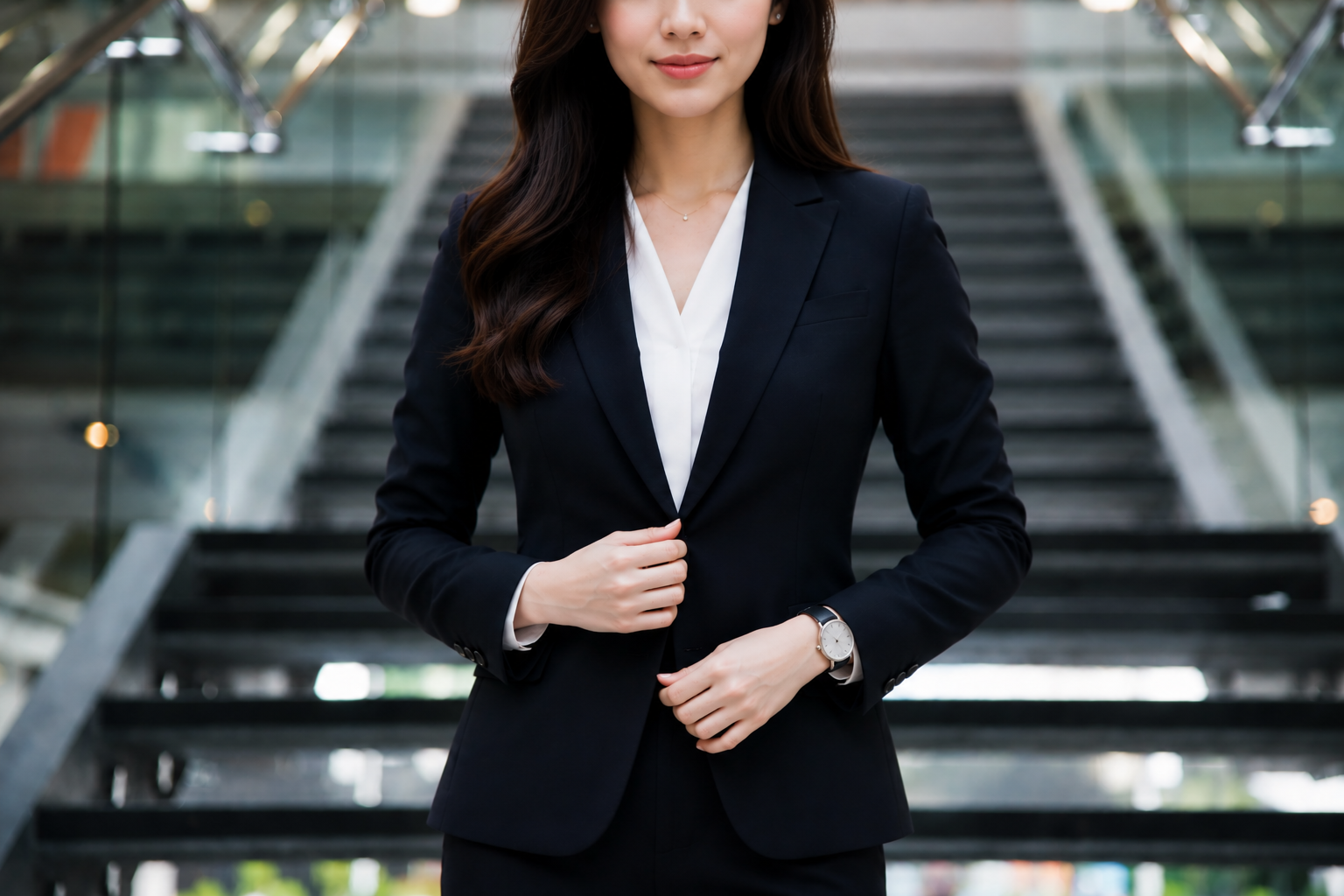 A woman in a black business suit standing in front of a staircase in a modern building.