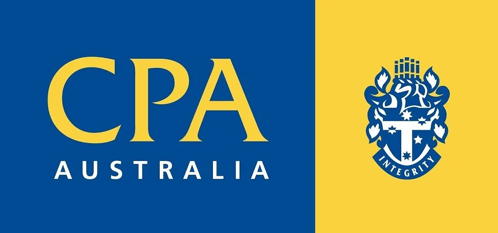Blue and yellow banner with the text "CPA Australia" and a crest with a shield, stars, a crown, and the word "Integrity".
