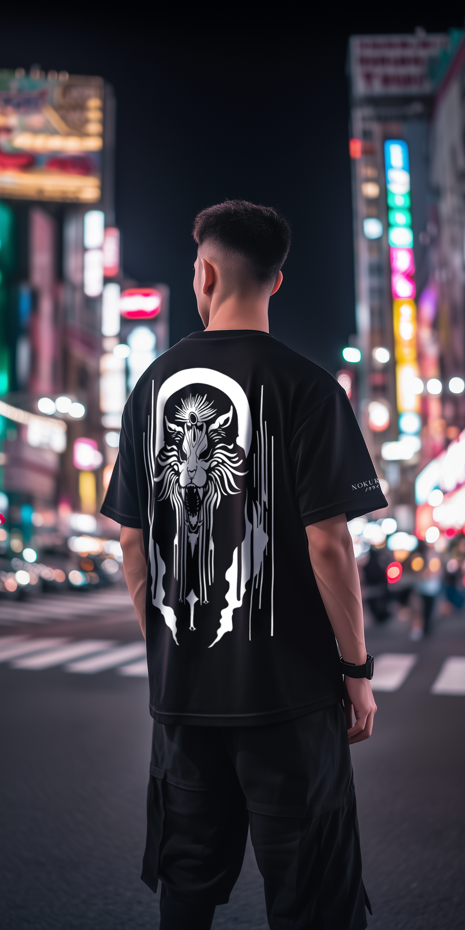 Man wearing a black shirt with a white lion design on the back stands in an illuminated urban setting at night.