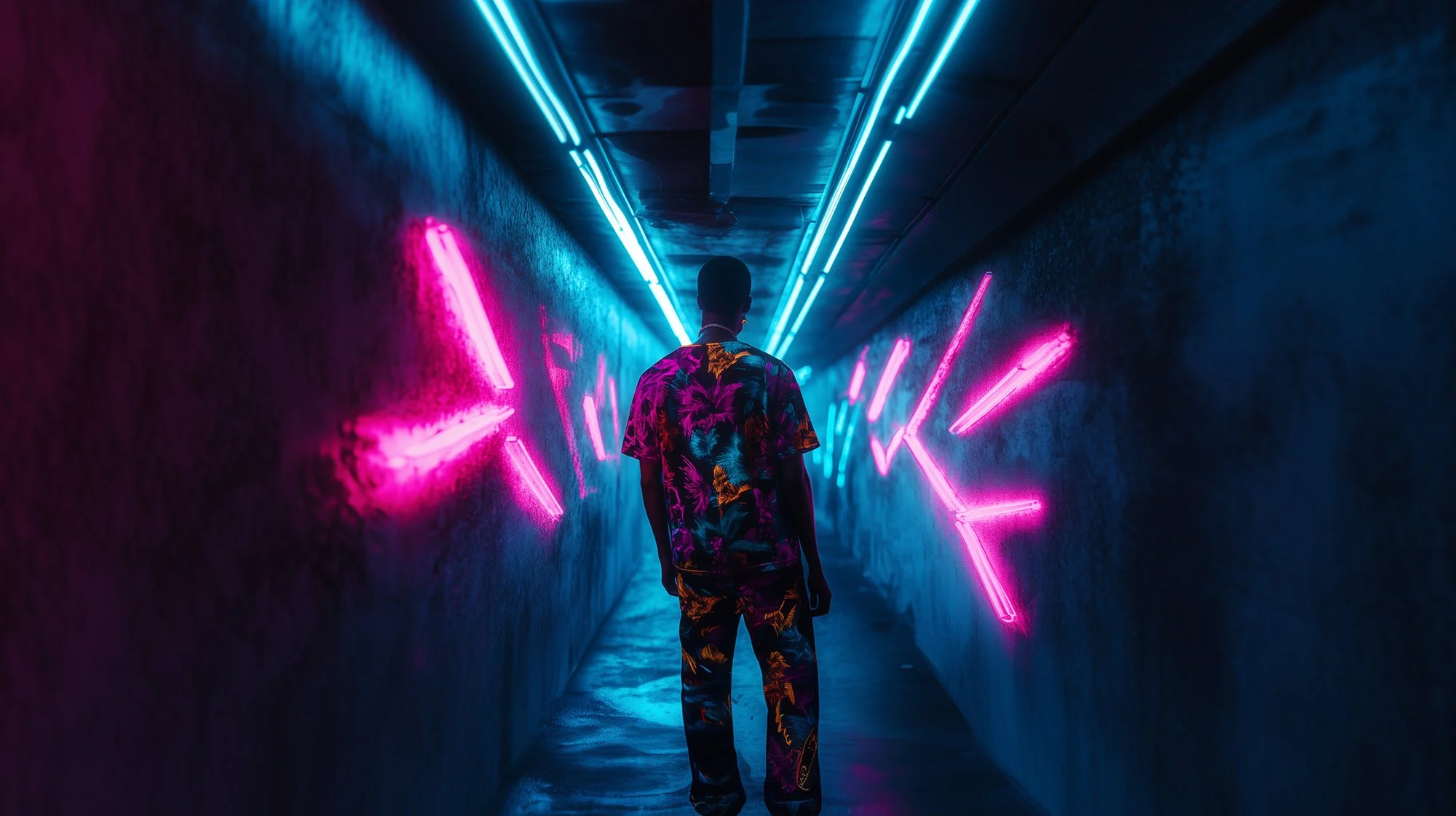 Person walking in a neon-lit corridor with blue and pink lights.