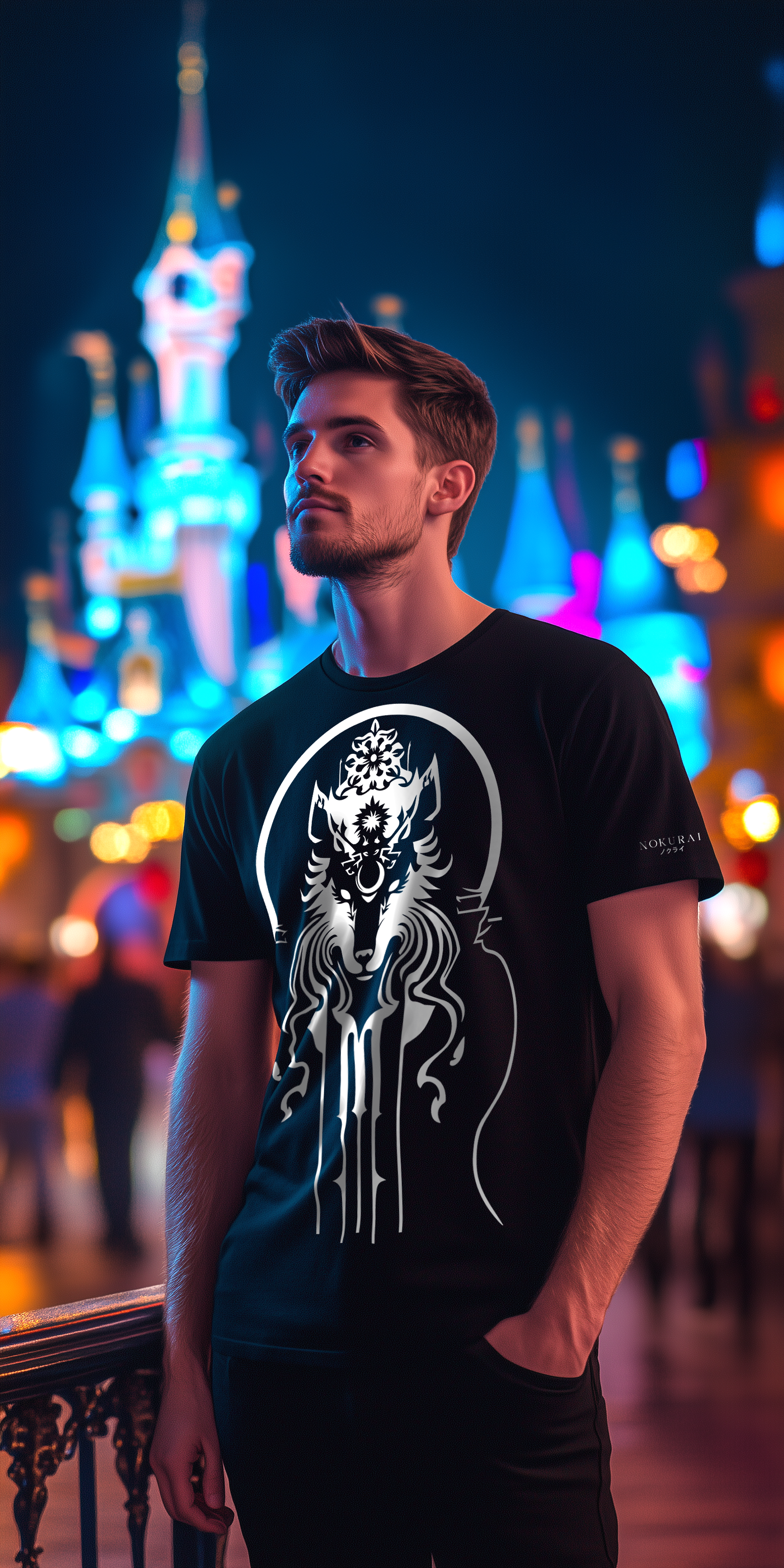 Man wearing graphic T-shirt in front of colorful lights at night