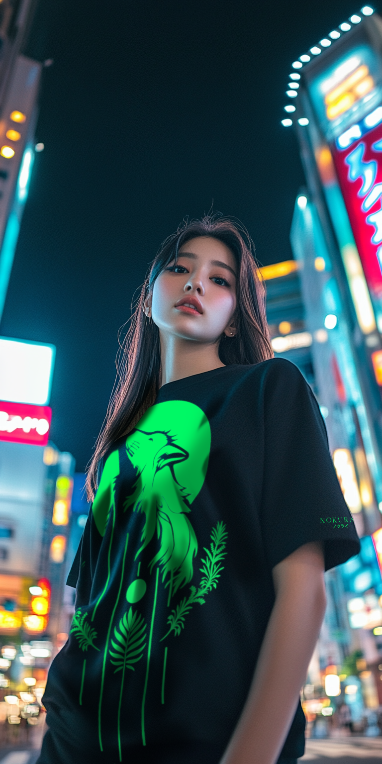 Young woman wearing a black t-shirt with a glowing green wolf design, standing in a vibrant city at night, surrounded by neon signs and illuminated skyscrapers.