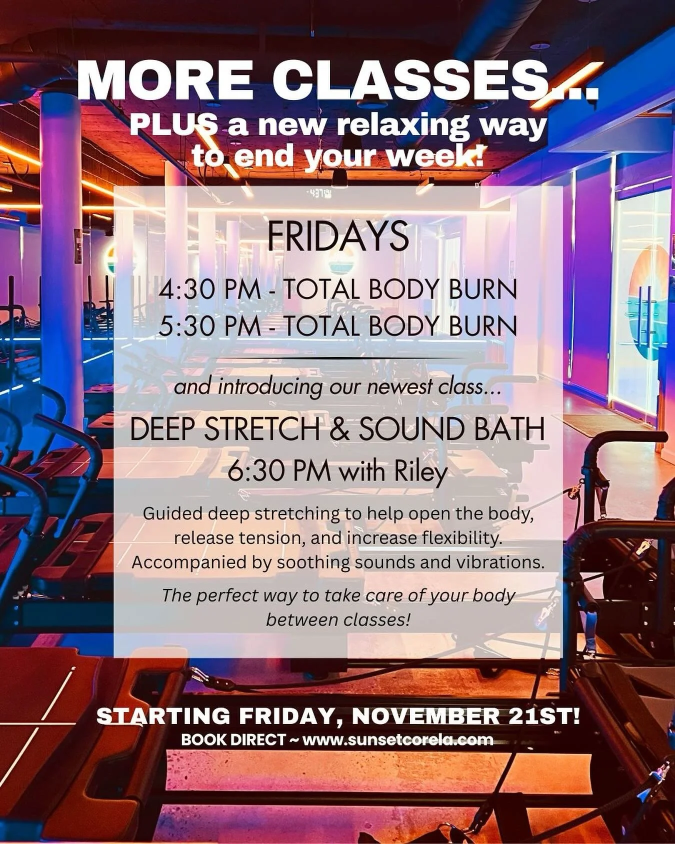 We&rsquo;ve added more classes! Plus introducing our newest class&hellip;

DEEP STRETCH &amp; SOUND with Riley! 
Guided deep stretching to help open the body, release tension, and increase flexibility. Accompanied by soothing sounds and vibrations. ✨