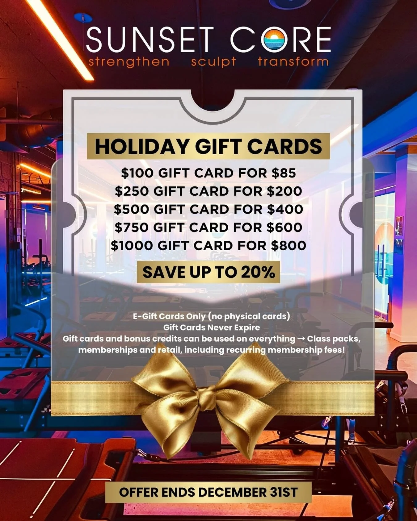 Ooohhh Gift Cards are here!! Don&rsquo;t miss out! Gift yourself or someone you love! 

Up to 20% off!!
Additional Details: 
&middot; Buy a specified gift card above and the additional extra credit will be added to your Sunset Core account.
&middot; 
