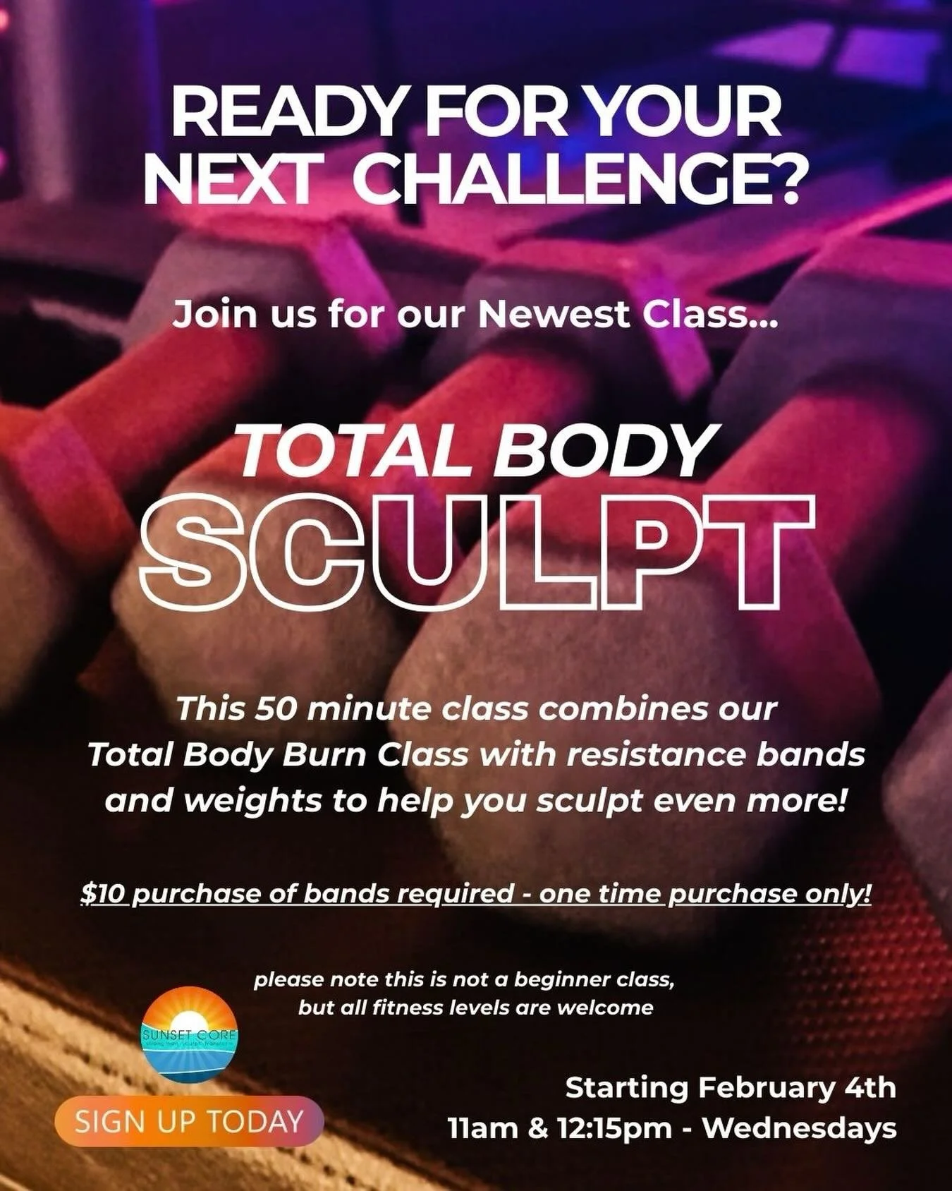 💥 READY FOR YOUR NEXT CHALLENGE? 💥
We&rsquo;re turning up the intensity with our NEW Total Body Sculpt class.

This 50-minute advanced workout layers resistance bands and weights onto our Total Body Burn format for deeper muscle engagement, next-le