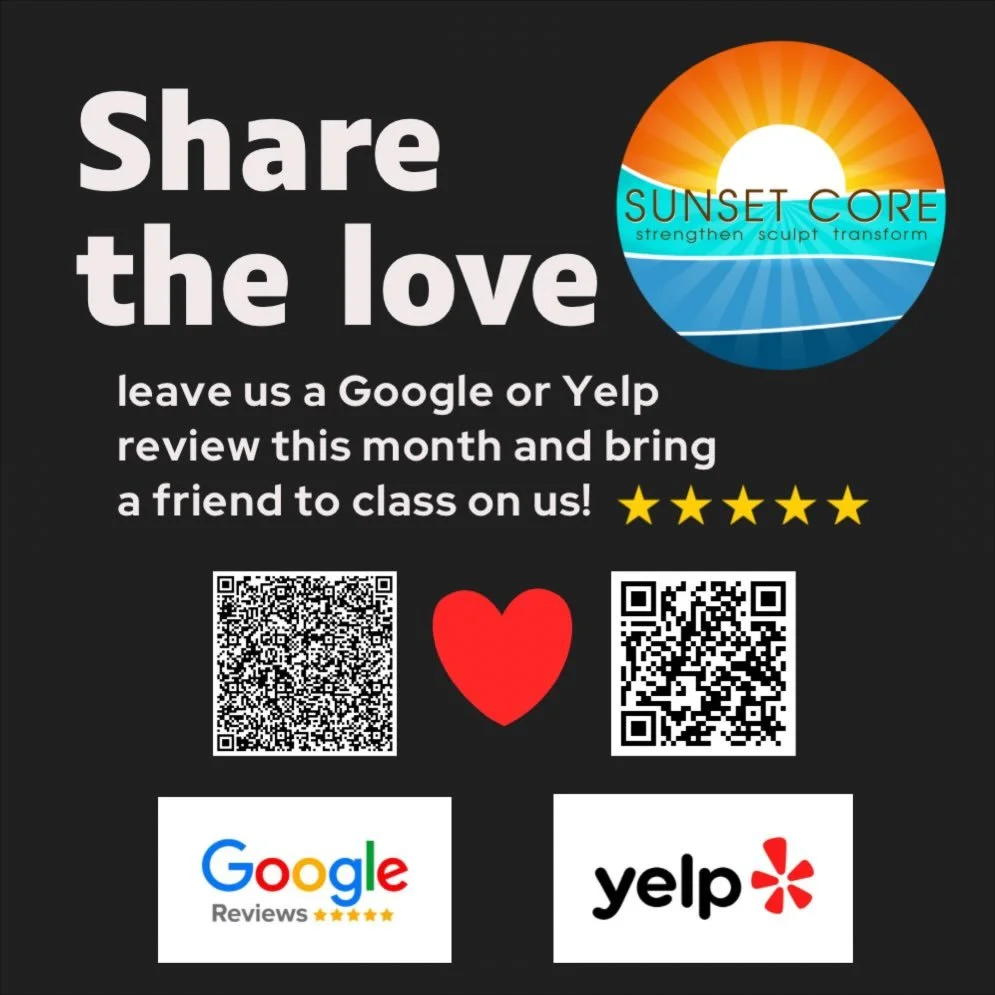 🩵🧡LET&rsquo;S SHARE THE LOVE💛🩵

Love your Sunset Core? We L💛VE  you too! 

Leave us a Google or Yelp review this month and bring a friend to class on us! 🫶

Help us share the love&hellip;because together we are stronger! ✨🫶✨

⭐ One complimenta