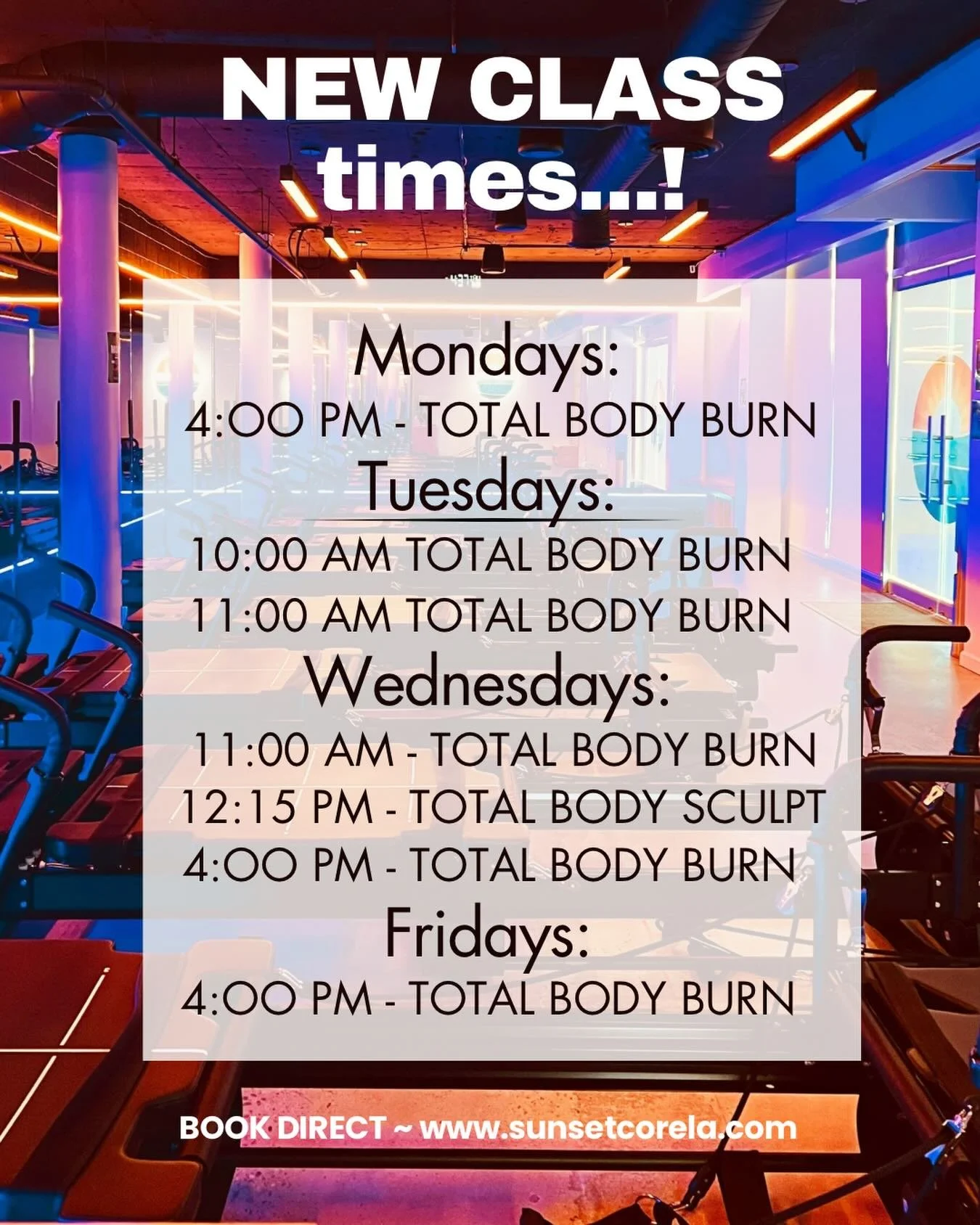 Hey! Classes are booking fast, so we added lots of new class times!!!! 

Book direct at www.sunsetcorela.com

🧡🩵💛💪