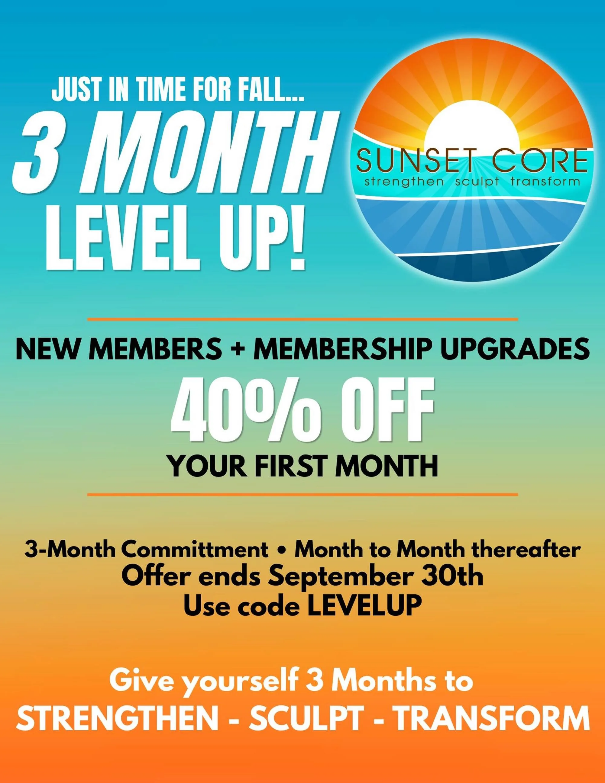 🔥 JUST IN TIME FOR FALL&hellip; IT&rsquo;S TIME TO LEVEL UP! 🔥

Give yourself 3 whole months to STRENGTHEN &bull; SCULPT &bull; TRANSFORM 💪✨

Whether you&rsquo;re brand new to Sunset Core or already part of the family, you can get 40% OFF your fir